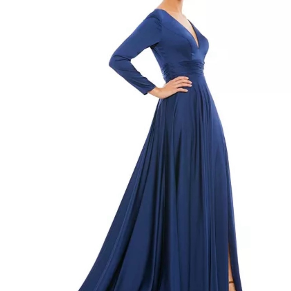 Mac Duggal Royal Blue Long Sleeve Gown with tags on and ribbon uncut.